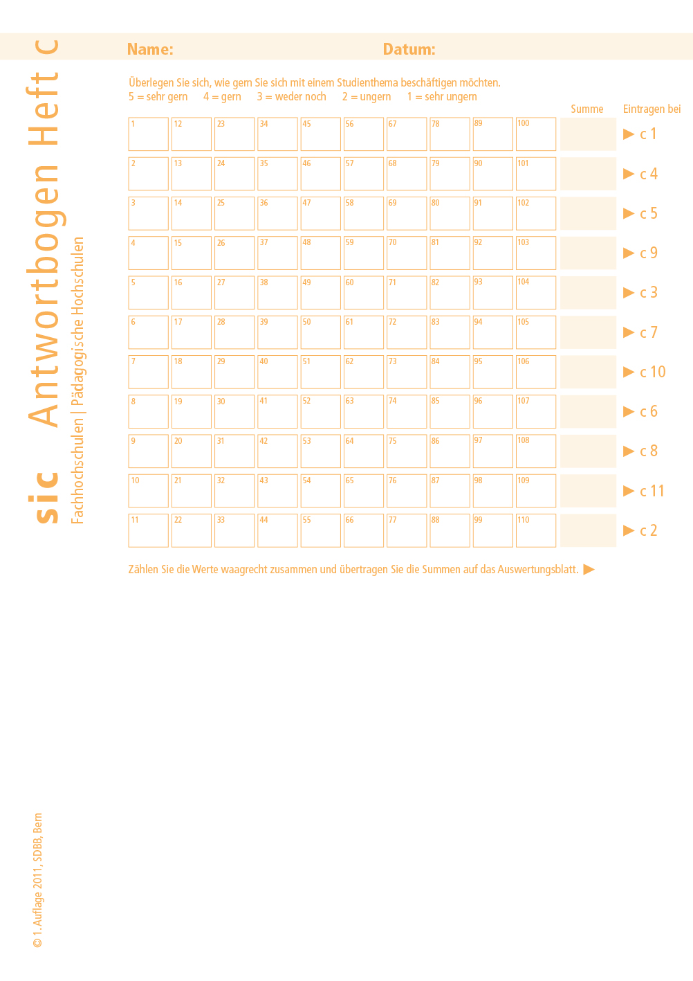 TEST sic Fachhochschulen | Pädagogische Hochschulen Antwortblätter c (Bund à 10 Ex.)