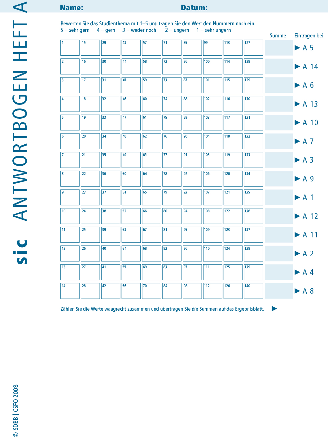 TEST sic Antwortblätter A (Bund à 10 Ex.)