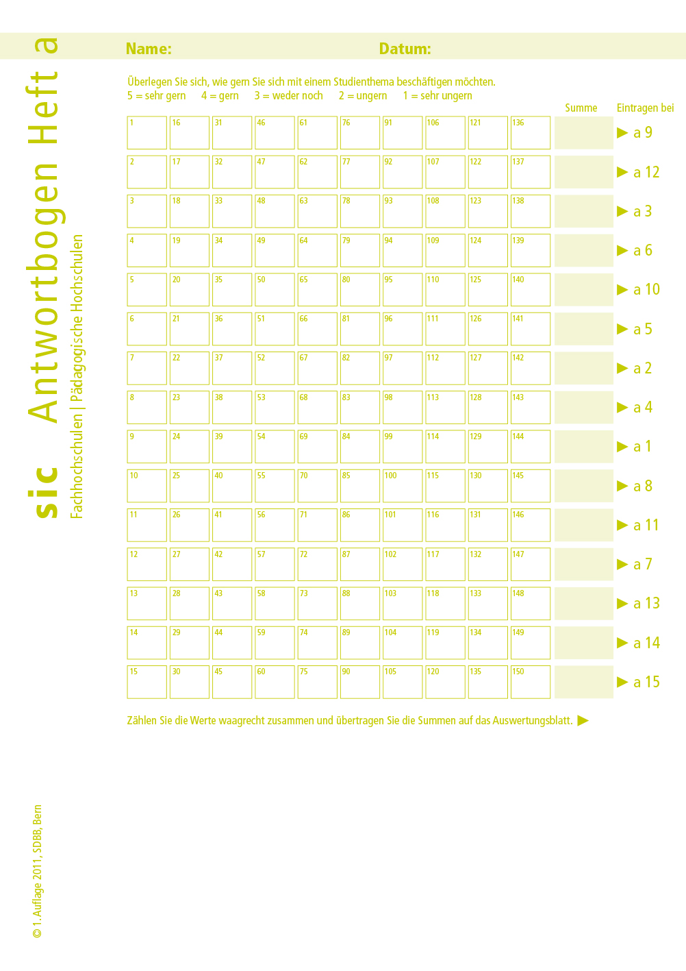 TEST sic Fachhochschulen | Pädagogische Hochschulen Antwortblätter a (Bund à 10 Ex.)