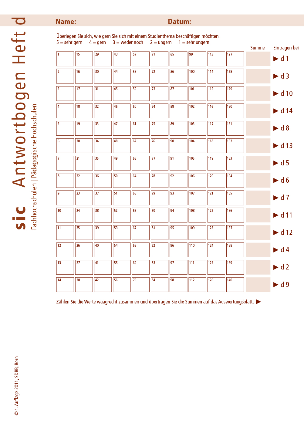 TEST sic Fachhochschulen | Pädagogische Hochschulen Antwortblätter d (Bund à 10 Ex.)