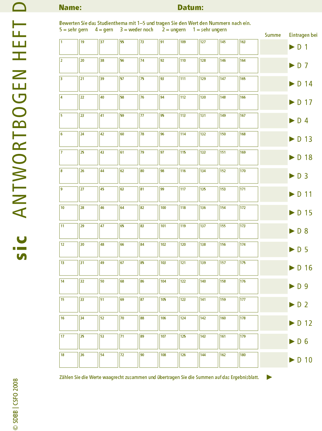 TEST sic Antwortblätter D (Bund à 10 Ex.)